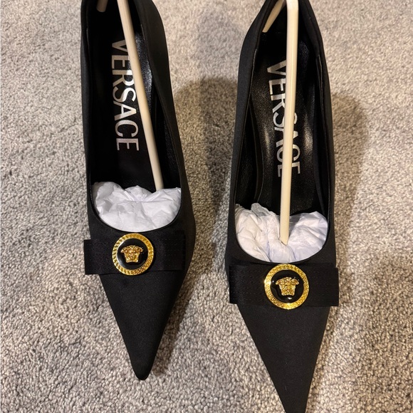 Medusa Gold Accent Black Satin Heels
